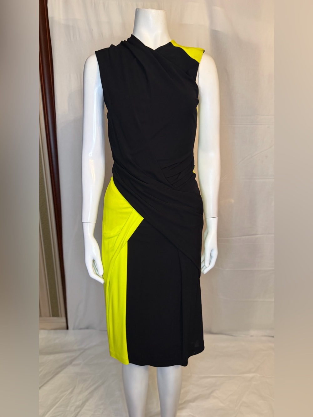 Alexander Wang Black & Neon Yellow Sleeveless Draped Midi Dress